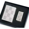 2-Tone Silver Checkered Business Card Case w/ Matching 2-Tone Money Clip